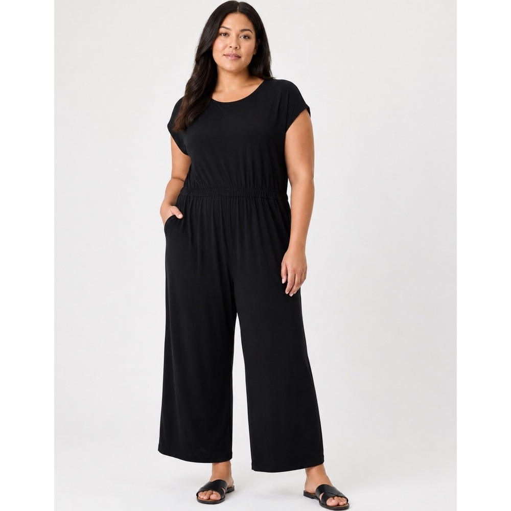 Eileen Fisher Woman Black Viscose Jersey Sleeveless Wide Leg Jumpsuit 1X